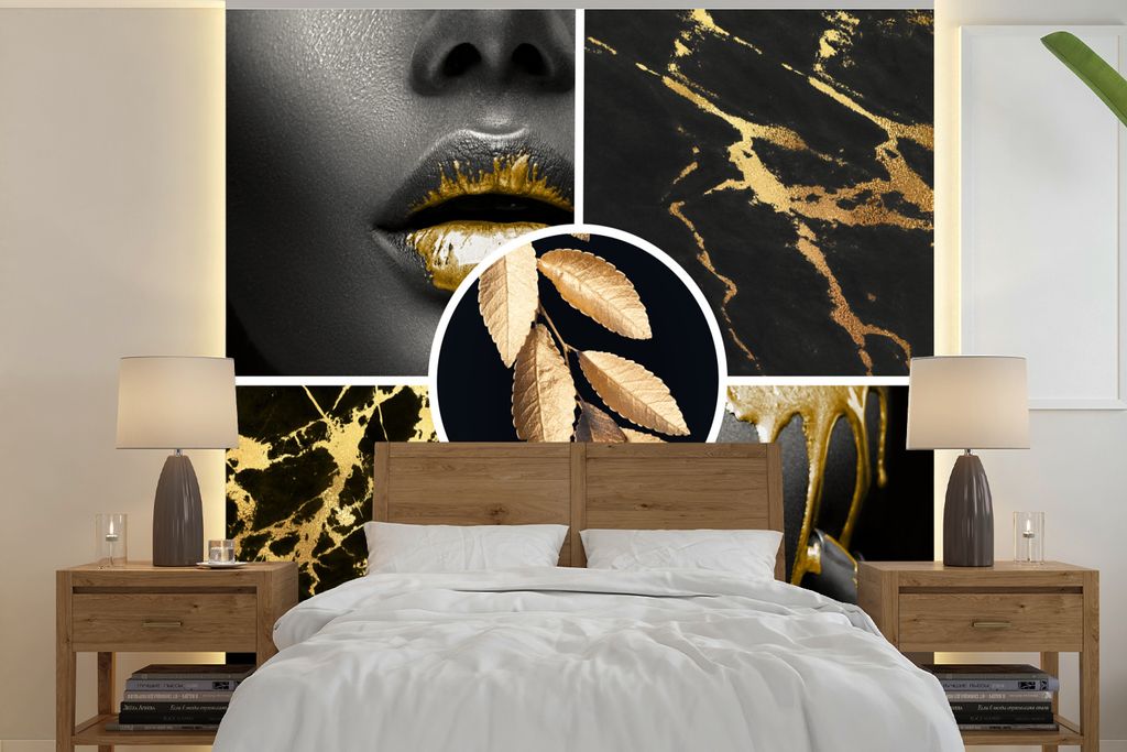 MuchoWow Fototapete für Wohnzimmer oder Schlafzimmer Wandtapete Vinyl Motivtapete Collage - Farbe - Gold - Marmor - 300x300 cm - Wanddekoration