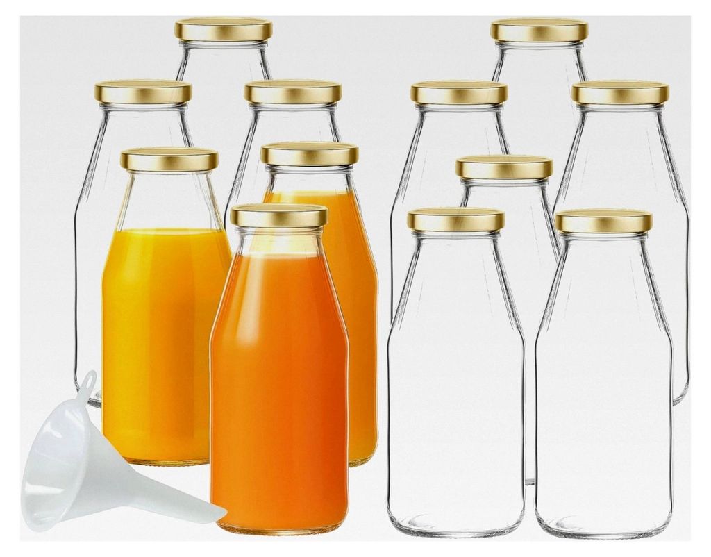 12 Glasflaschen 500 ml mit Schraubverschluss in Gold und Trichter