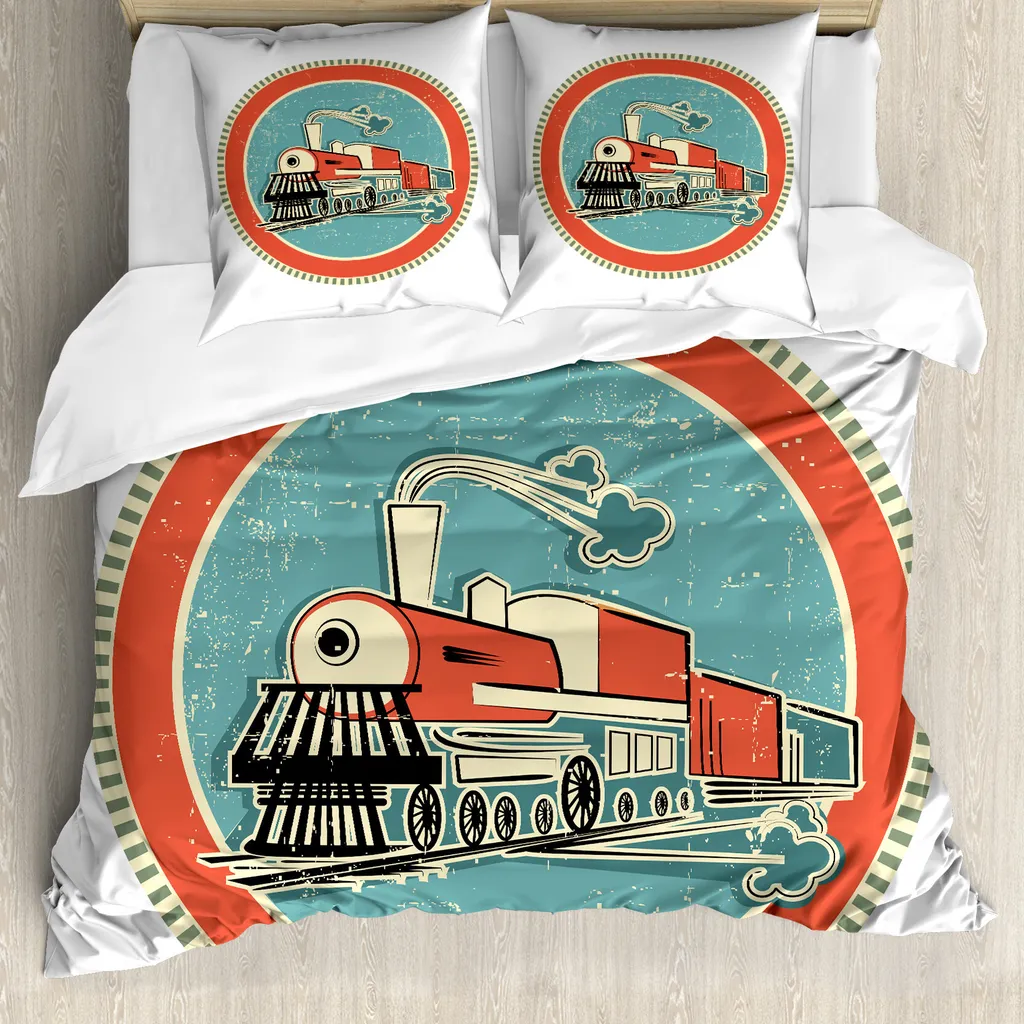 ABAKUHAUS Copripiumino con motivo a locomotiva a vapore, stile retrò, antiacaro e anallergico, con federe, 155 cm x 220 cm - 80 x 80 cm, turchese salmone avorio