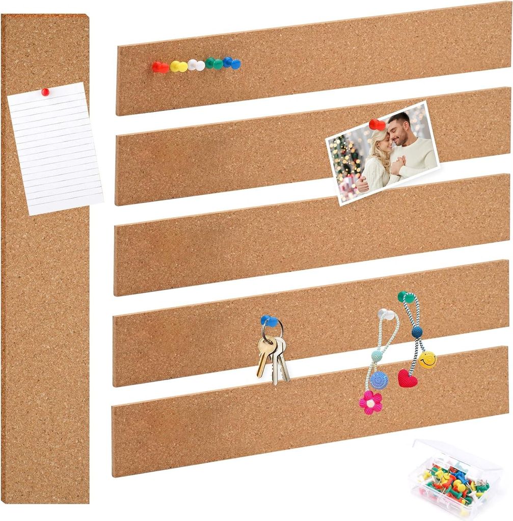6 Stück Korkstreifen - 30 cm x 5 cm - inklusive 50 Pins - selbstklebend - für Notizen, Fotos und Schmuck
