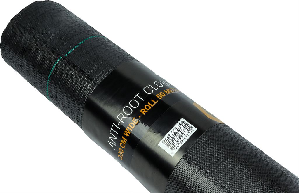 A roll of black anti-root cloth on a white background.