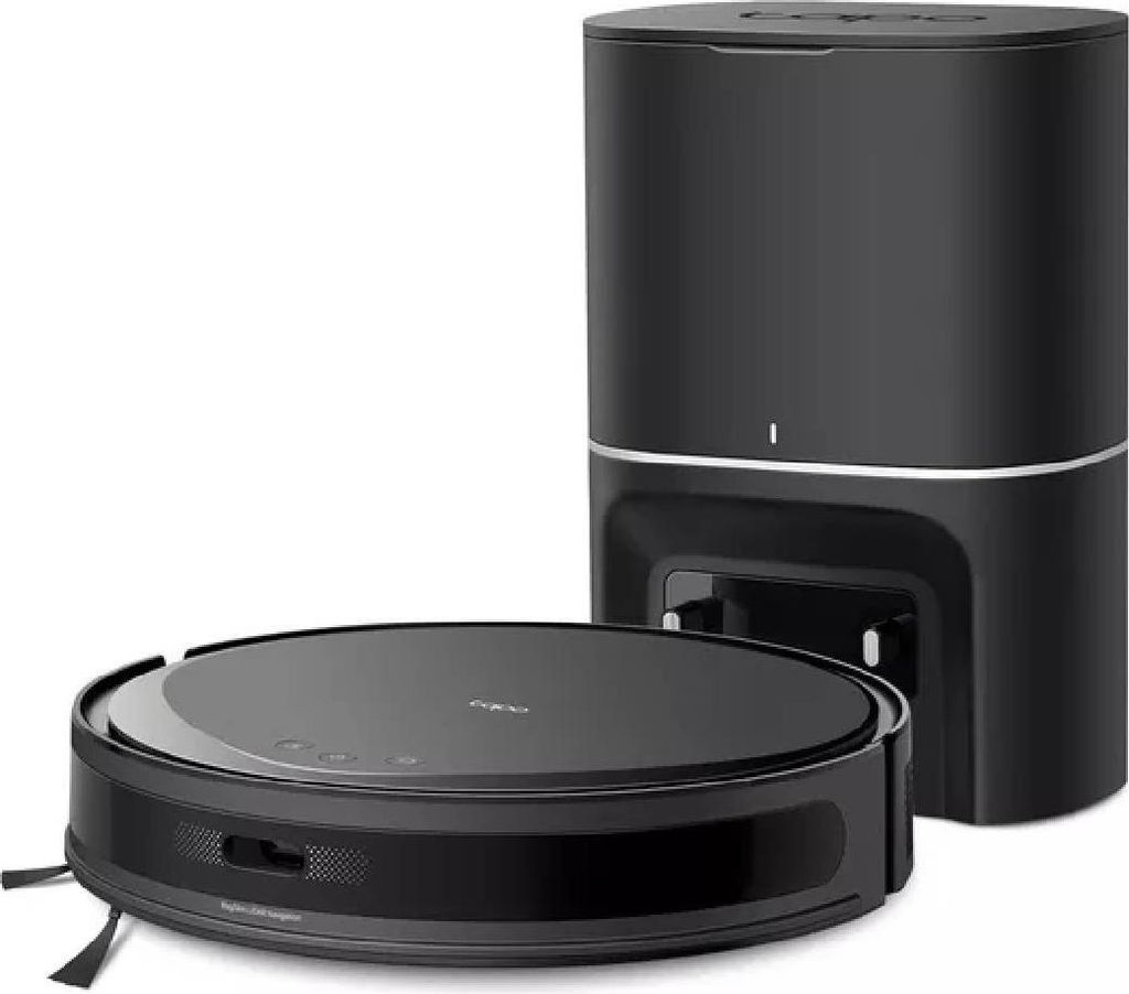 A black robot vacuum cleaner and its charging/emptying station are shown against a white background.