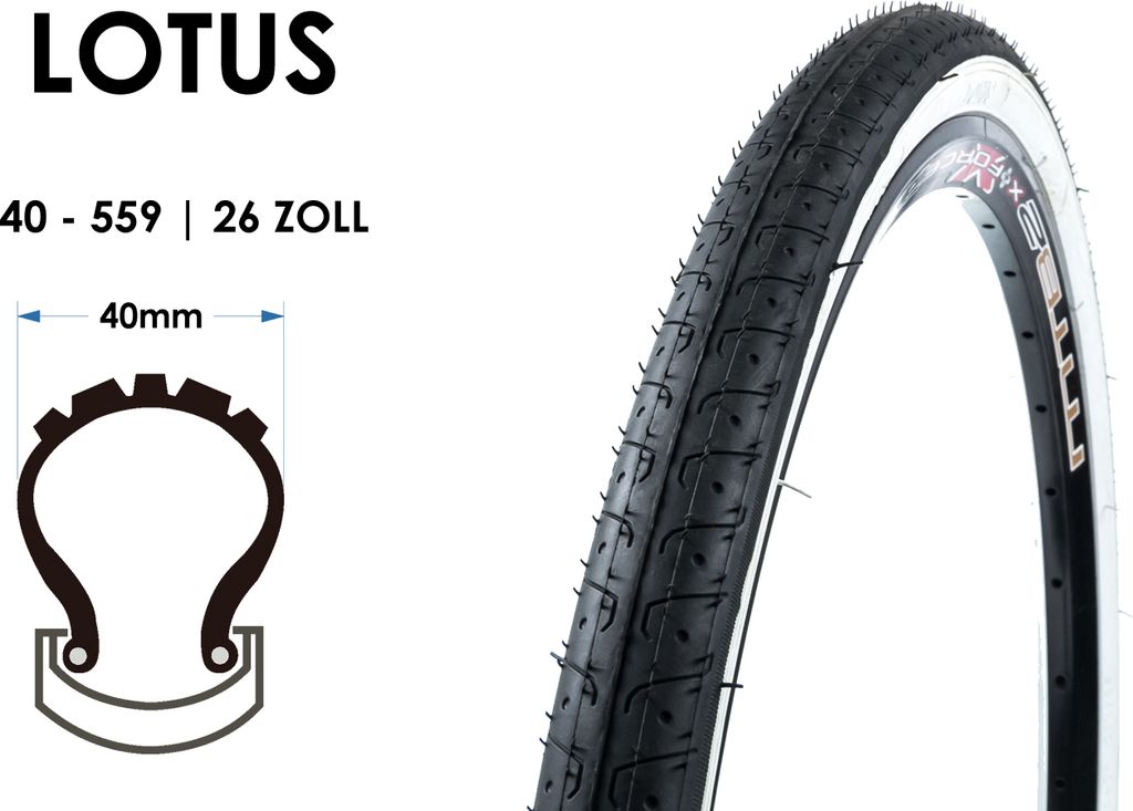 26 Zoll LOTUS 40-559 Fahrrad City Trekking Reifen 26x1.50 Mantel Tire Weisswand
