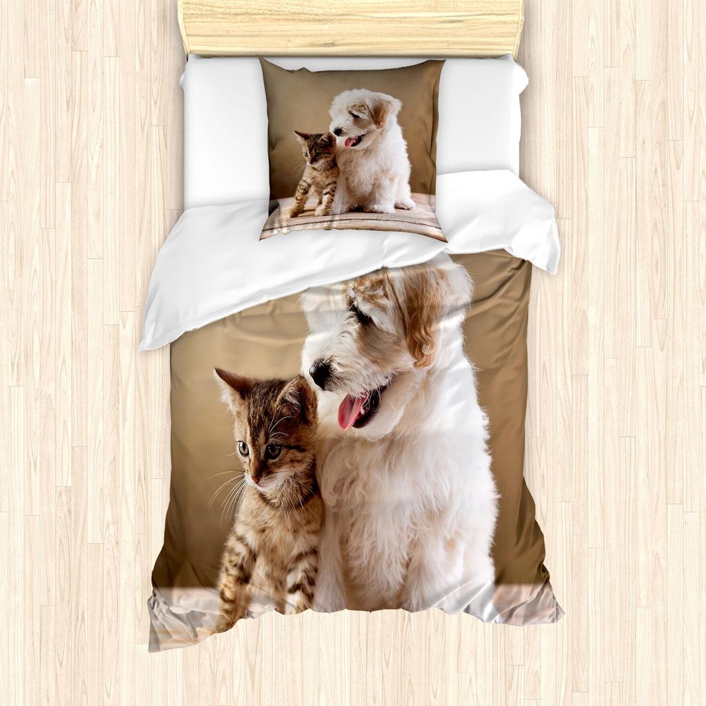 ABAKUHAUS Tier Bettbezug Set, Nettes Baby Kätzchen und Hündchen Beste Freunde Foto, 135 x 200 cm + 80 x 80 cm, Braun Weiß Sand