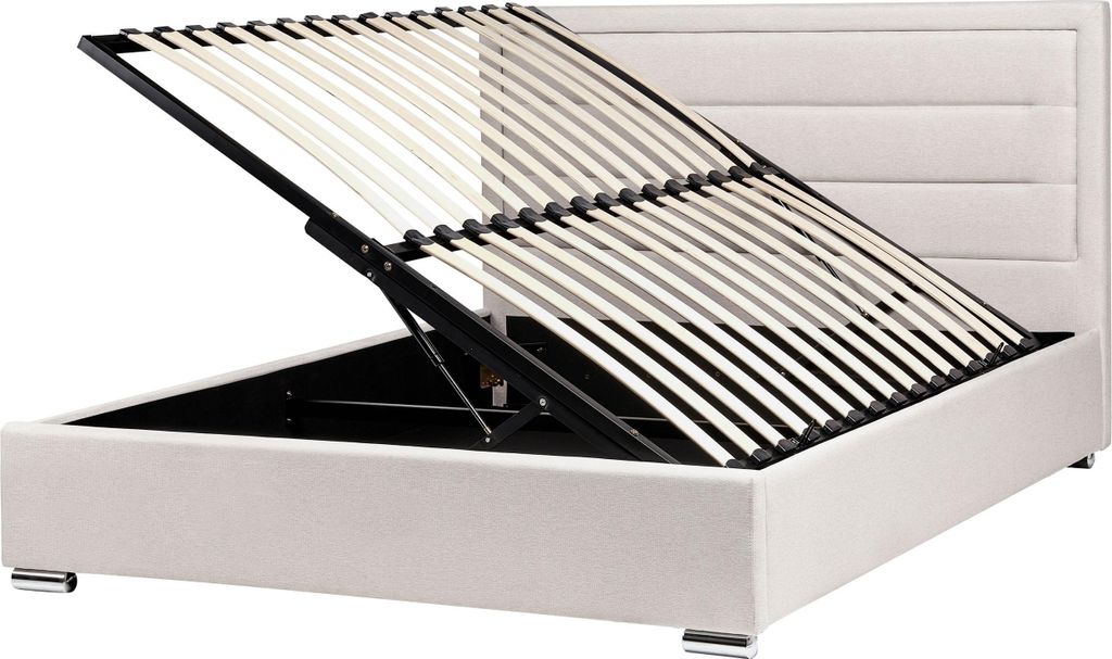 BELIANI Polsterbett Hellbeige Stoff Gesteppt mit Bettkasten Lattenrost 160x200 cm Hochklappbar Gepolstertes Kopfteil Stauraumbett für Schlafzimmer