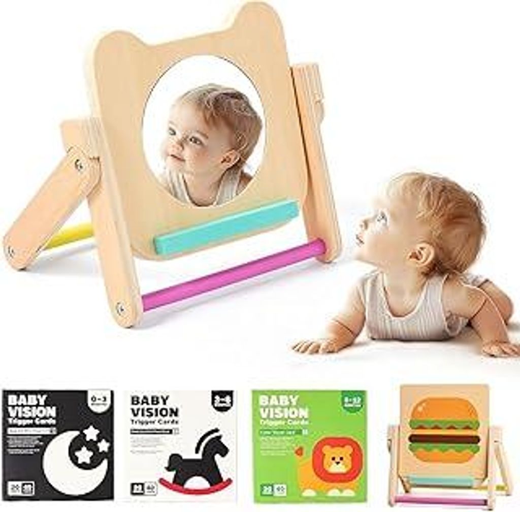Baby Spiegel Spielzeug - Montessori Baby Spiegel mit 120 Seiten visuell anregender Karten, Hölzernes Bauchzeit-Spiegelspielzeug ?Montessori Spielz...