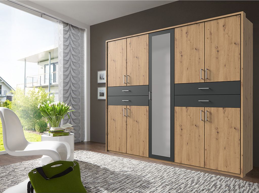 Kleiderschrank mit Passepartoutrauhmen, 228 cm breit modern in Eiche mit graphit, TREVISO-43