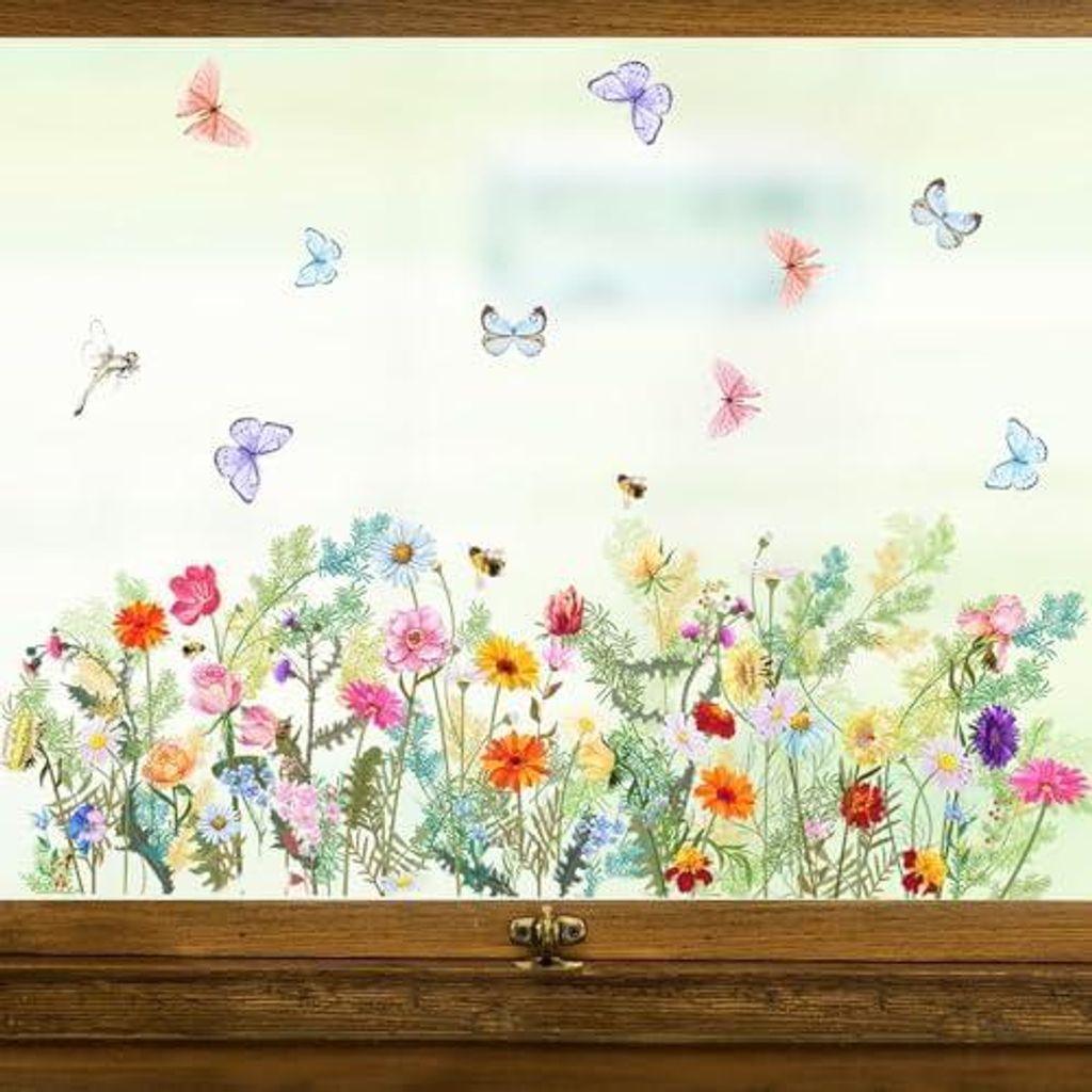 Fensterbilder Frühling Deko - 3 Bögen Blumen Fensterbilder mit Blüten und Schmetterlinge Motiv - Statisch Haftende Fensteraufkleber Selbstklebend