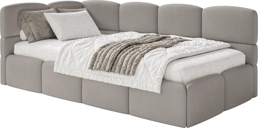 Selsey Cloudy – Jugendbett 120 cm, Bettkasten, Chenille, Kopfteil links, Hellbraun
