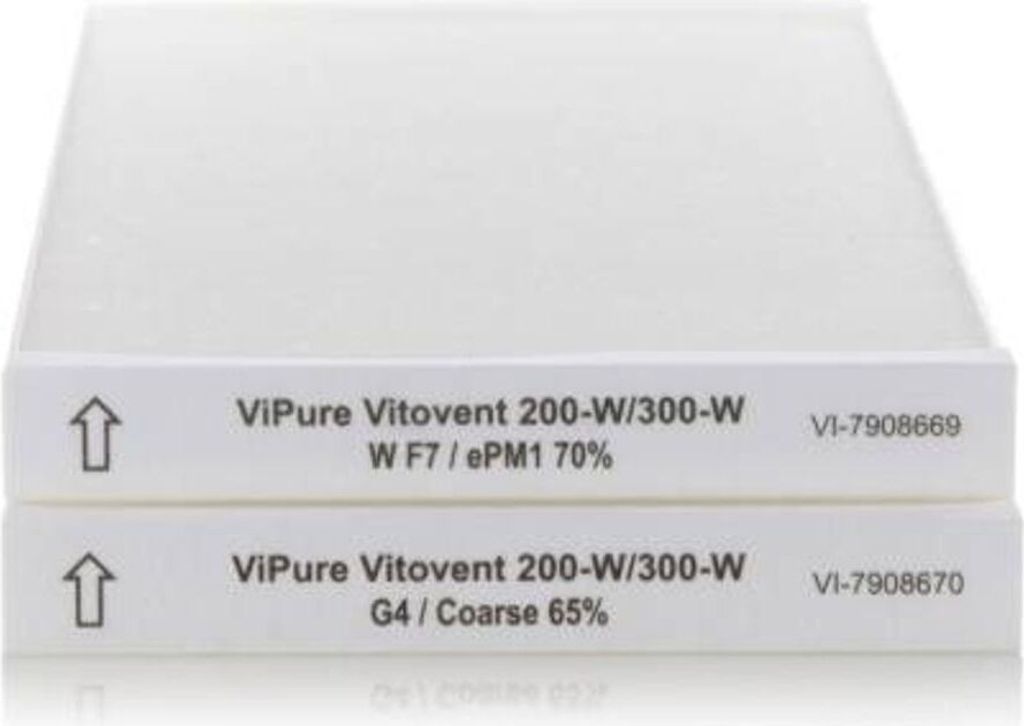Two white air filters are stacked on top of each other, with labels indicating their specifications.