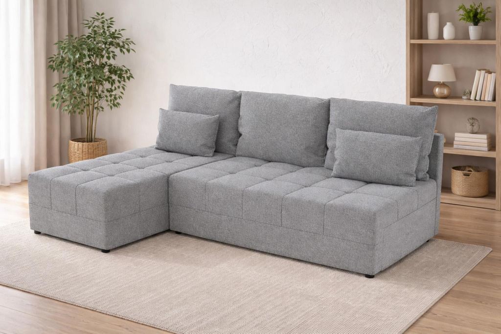 Ecksofa DOMINO L FIT mit Schlaffunktion, Bettkasten, L-Form Sofa Hellgrau, 206 cm, universal montierbar MALMO 90
