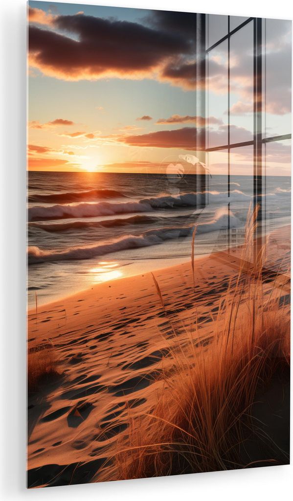 MuchoWow Glasbilder - Bilder auf Wandbild - Foto auf Glas Strand - Sonnenuntergang - Dünen - Meer - Hochgras 60x90 cm Wanddekoration aus Glas - Ac...