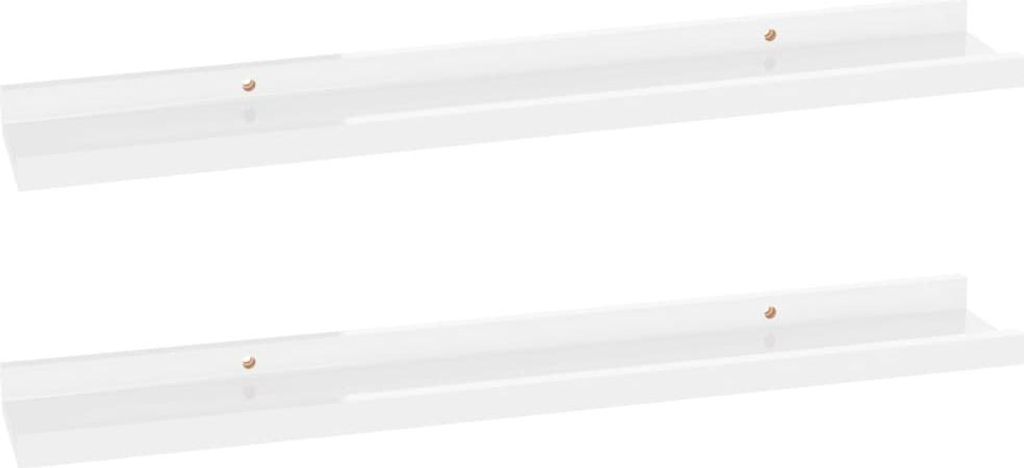 Two white wall shelves are shown against a white background.