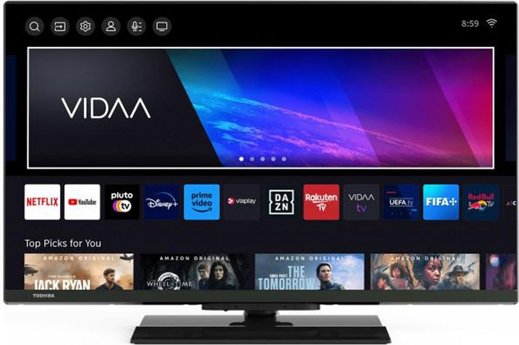 A smart TV displaying a streaming service interface with various app icons and movie posters.