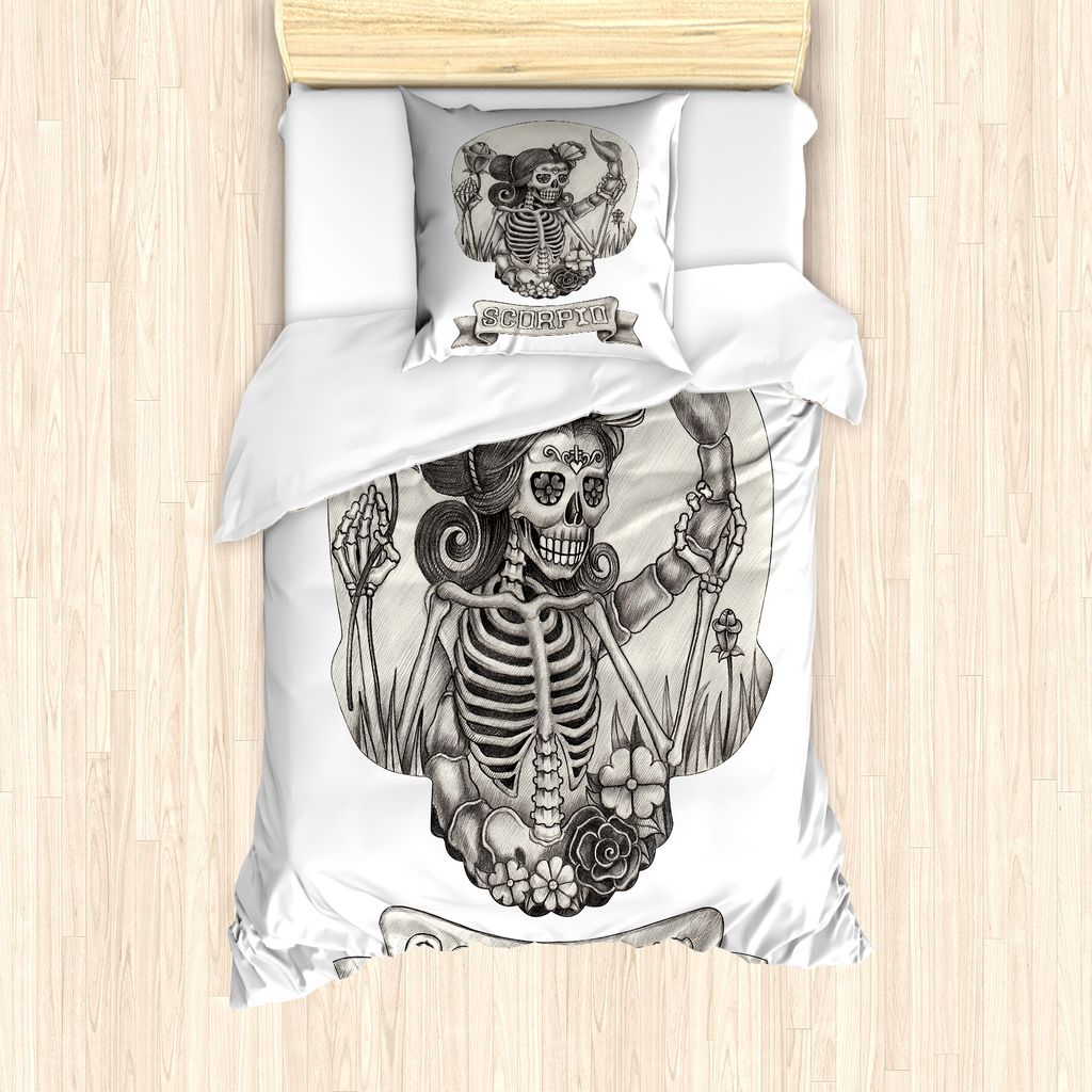 ABAKUHAUS Sternzeichen Skorpion Bettbezug Set für Einzelbetten, Skeleton Frau, Milbensicher Allergiker geeignet mit Kissenbezug, 135 cm x 200 cm -...