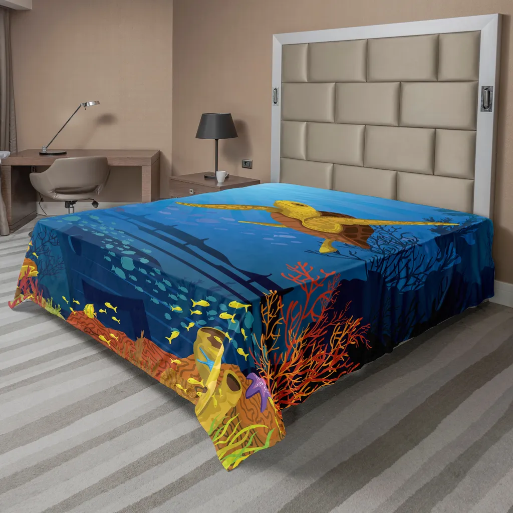 Drap de lit grand format 266x260cm anti-plis, motif Océan et Coraux