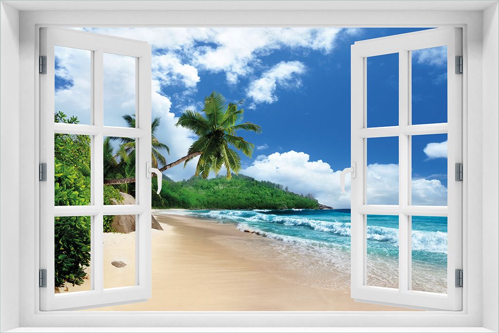 Wallario Poster mit Fenster-Illusion: Urlaub auf den Seychellen unter Palmen am Sandstrand, Größe: 61 x 91,5 cm (Maxiposter)