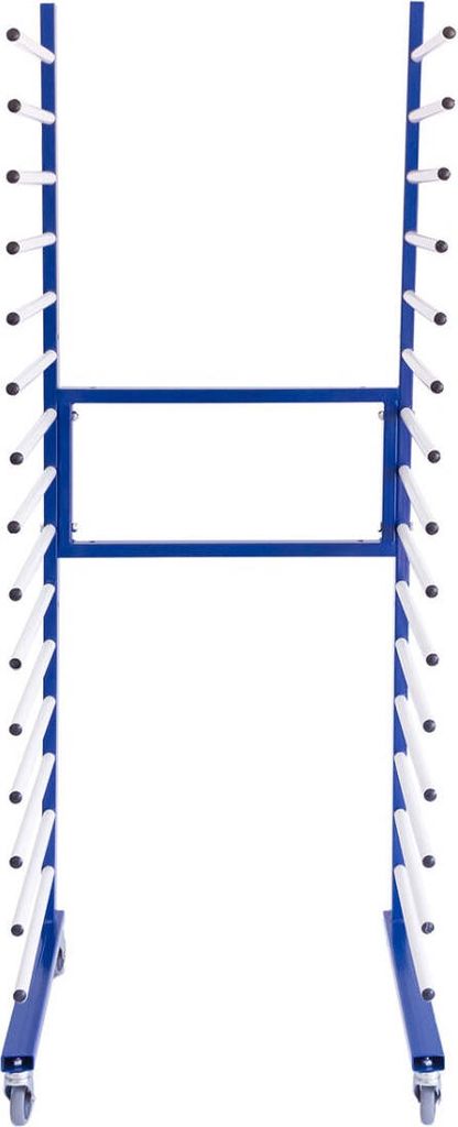 A blue metal drying rack with multiple white rods for drying items.