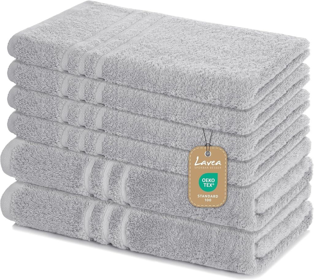 Lavea 6-teiliges Handtuch Set - 100% Baumwolle, 4x Handtuch 50x100 cm + 2x Duschtuch 70x140 cm, Bad & Gäste, Silber