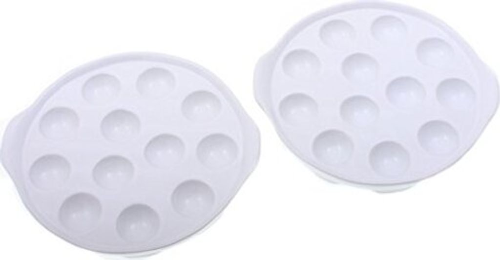 Two white snail pans are shown against a white background.