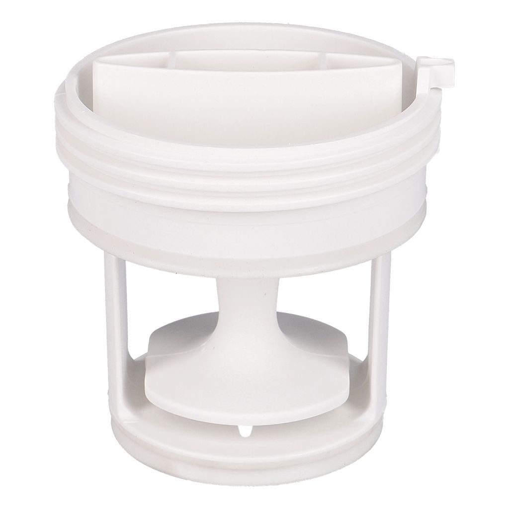 A white washing machine filter is shown against a white background.
