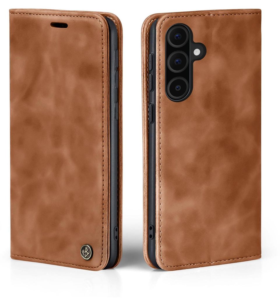 A brown leather flip case for a smartphone, shown from two angles.