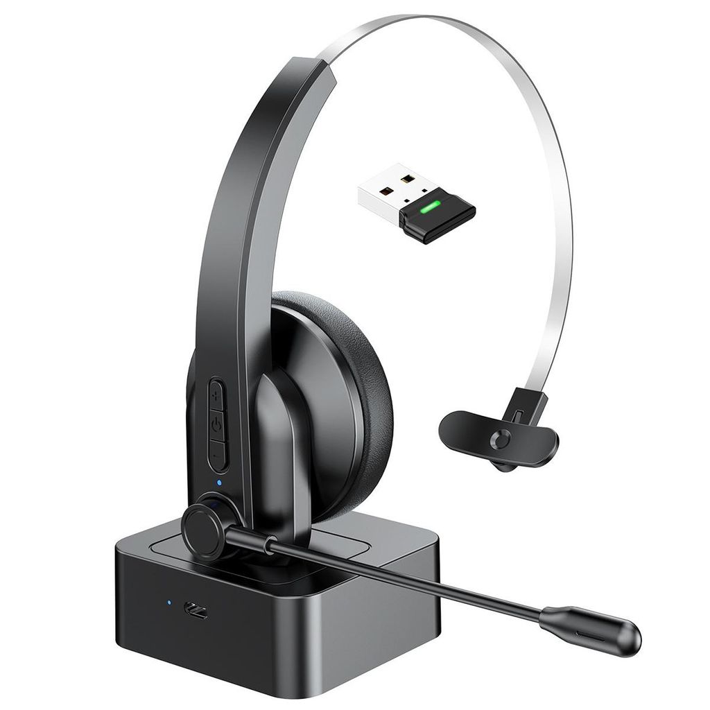 Bluetooth Headset mit Ladestation – 40mm Lautsprecher, omnidirektionales Mikrofon, kabellos für Arbeit & PC