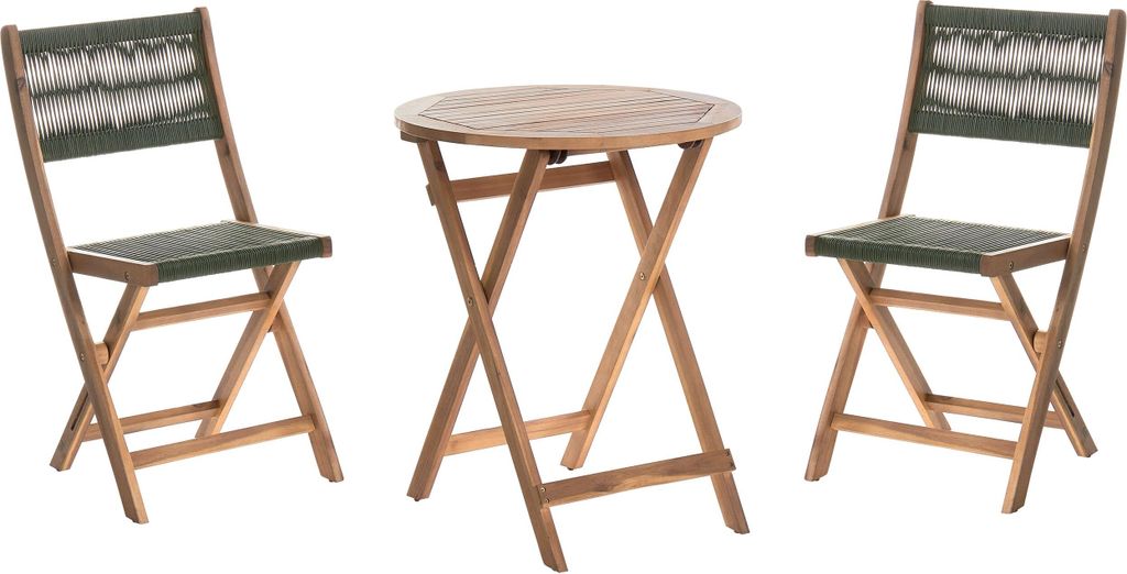 BELIANI Bistro Set Grün Akazienholz mit Seilgeflecht 1 Gartentisch 2 Gartenstühle Klappbar Skandinavisches Modernes Design Gartenmöbel Balkonmöbel