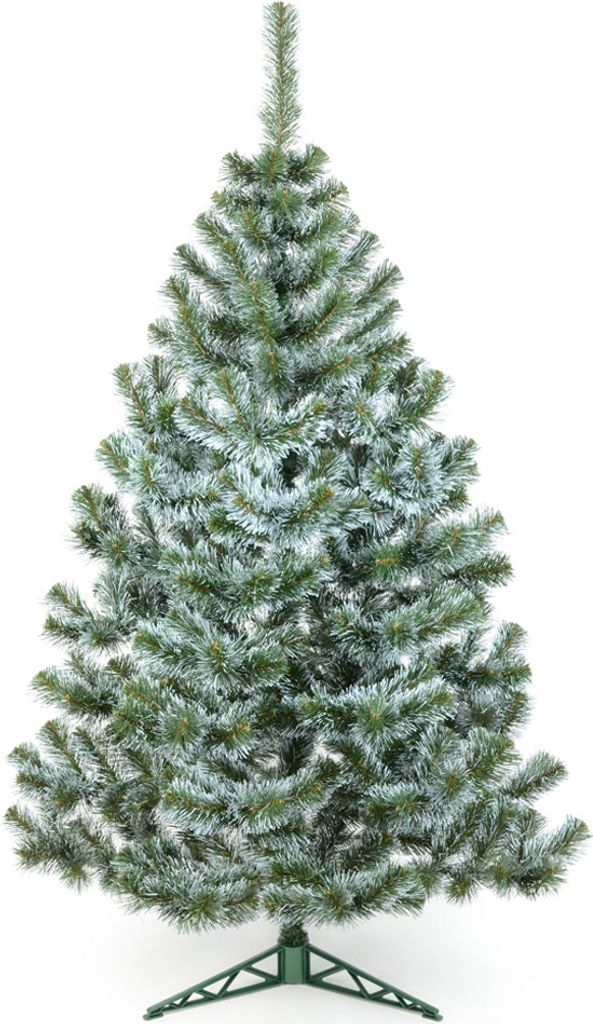 A green artificial Christmas tree with white flocking, standing on a green stand, against a white background.