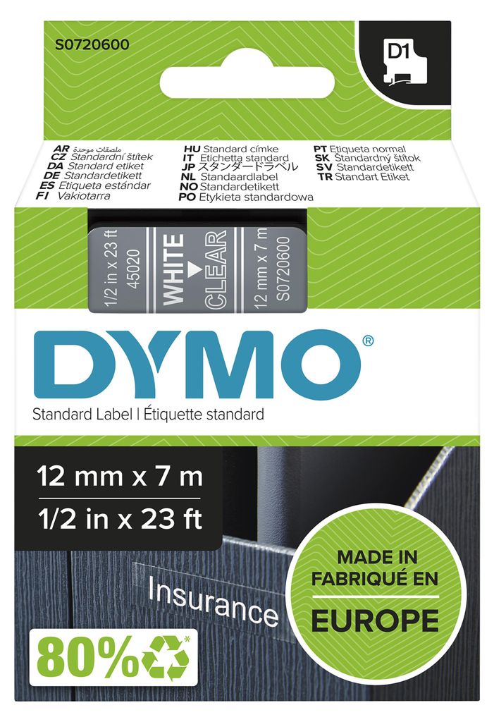 DYMO D1 - Adhésif - blanc sur transparent - Rouleau (1,2 cm Image du produit 