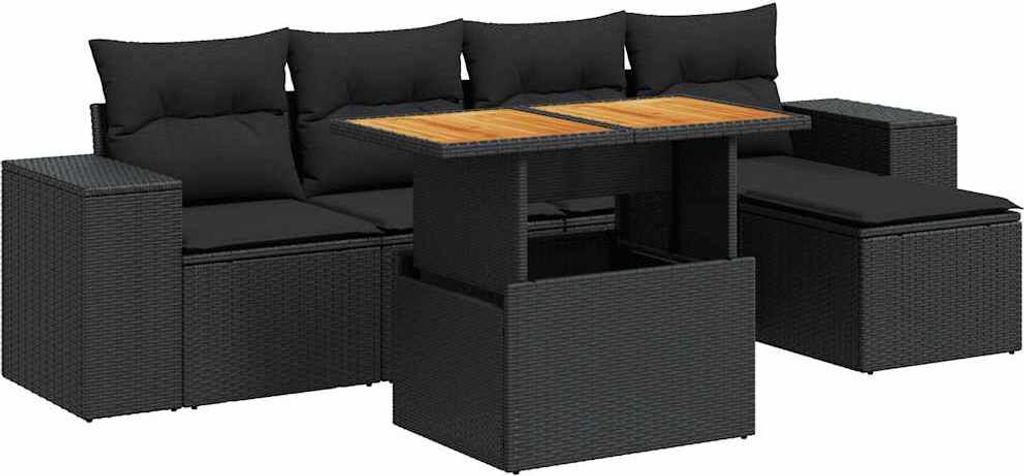 6-tlg. Garten-Sofagarnitur mit Kissen Schwarz Poly Rattan