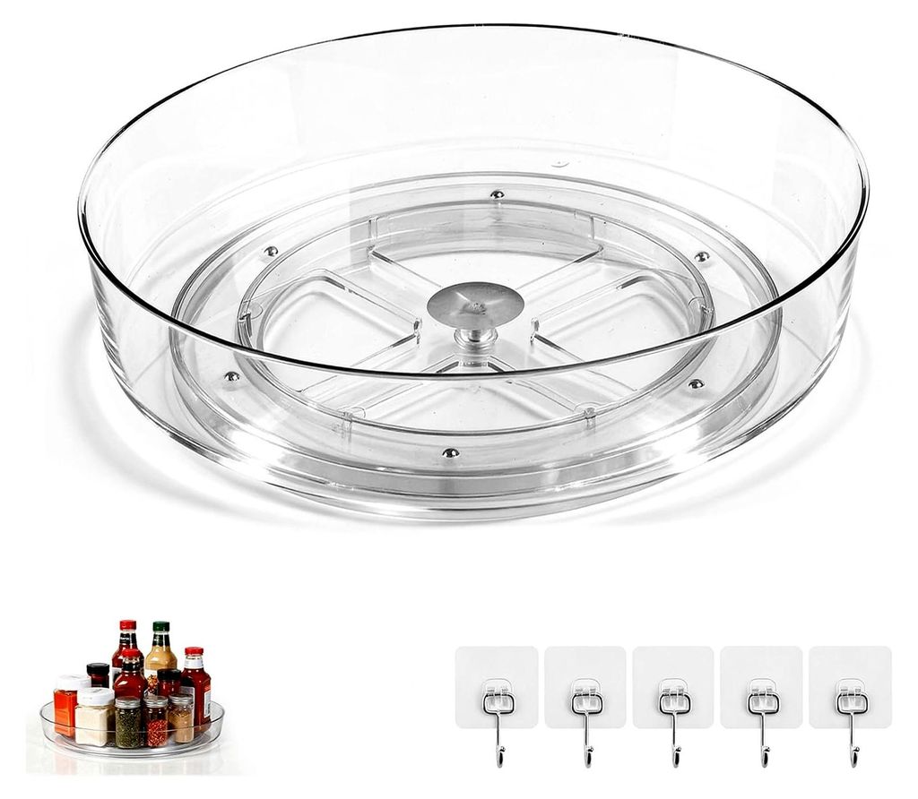 25,4 cm Drehteller Organizer 1 Stück Lazy Susan 360° Drehteller für Kühlschrank mit 5 transparenten selbstklebenden Haken für Schminktisch, Ge...