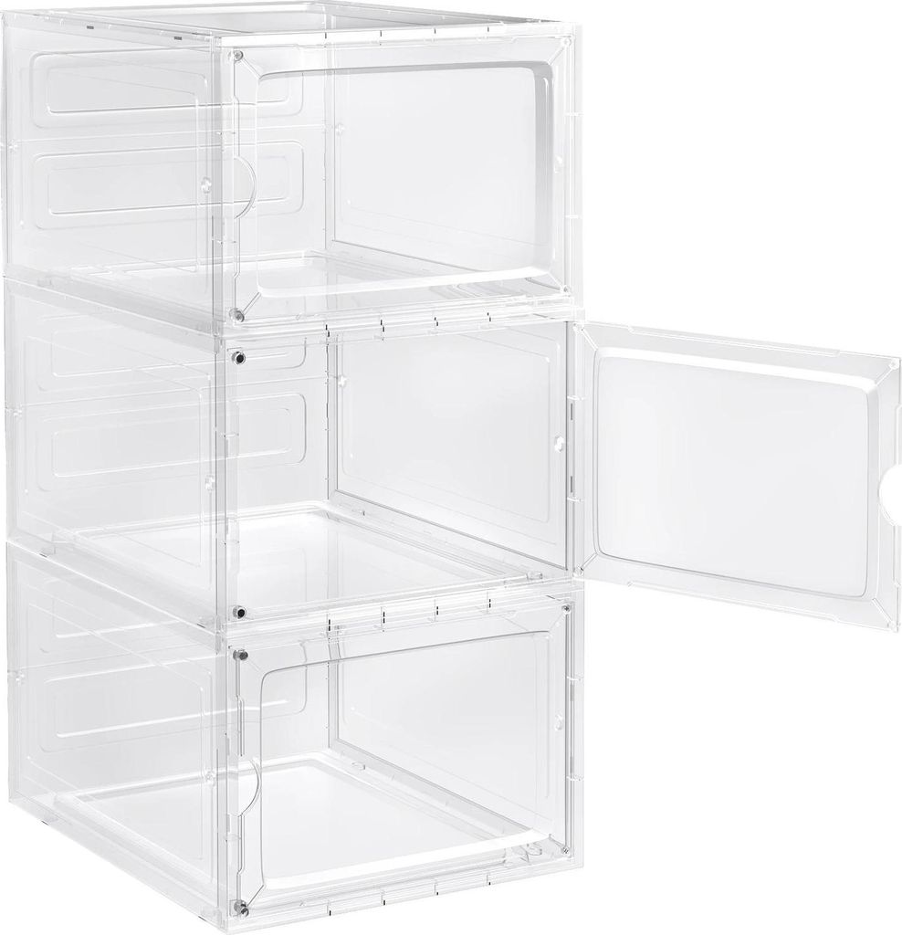 Schuhaufbewahrung - Stapelbare Schuhboxen - Set 3-teilig - Magnettür - Innenmaße 33 x 18 x 26,5 cm - Bis EU 46 - Tragkraft 2 kg pro Box - Rot/tra...