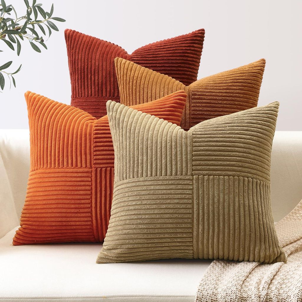 Set mit 4 Cord-Kissenbezügen mit Kreuzstreifenmuster, Cord-Sofakissen, Dekokissen, Patchwork-Design, dekorative Kissenbezüge für das Wohnzimmer ...