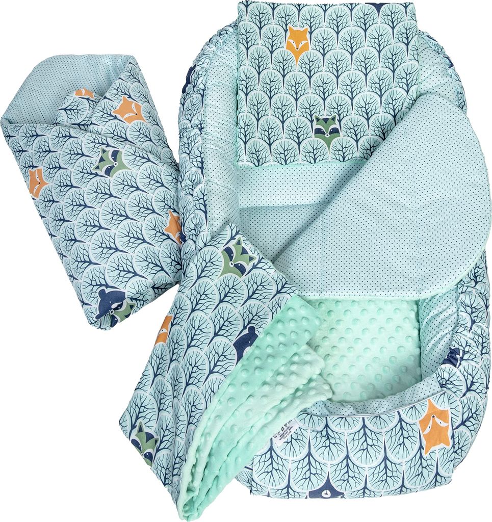 Babynestchen 5tlg Babynest Babydecke Steckkissen Kuschelnest Einschlagdecke Baumwolle 100x60x15 Wald mit Minzer Minky