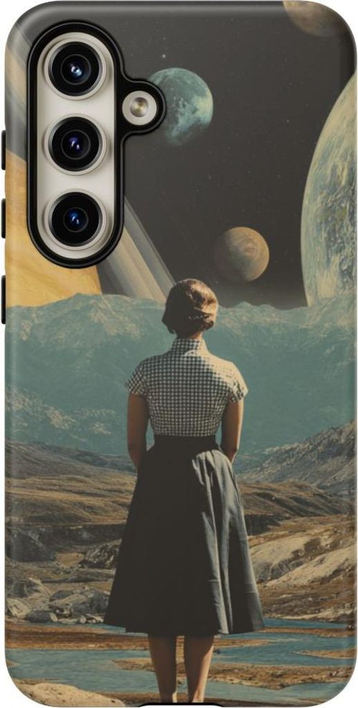 Frau im 50er-Jahre-Kleid mit realistischen Planeten – Hülle Kompatibel mit Samsung Galaxy S24
