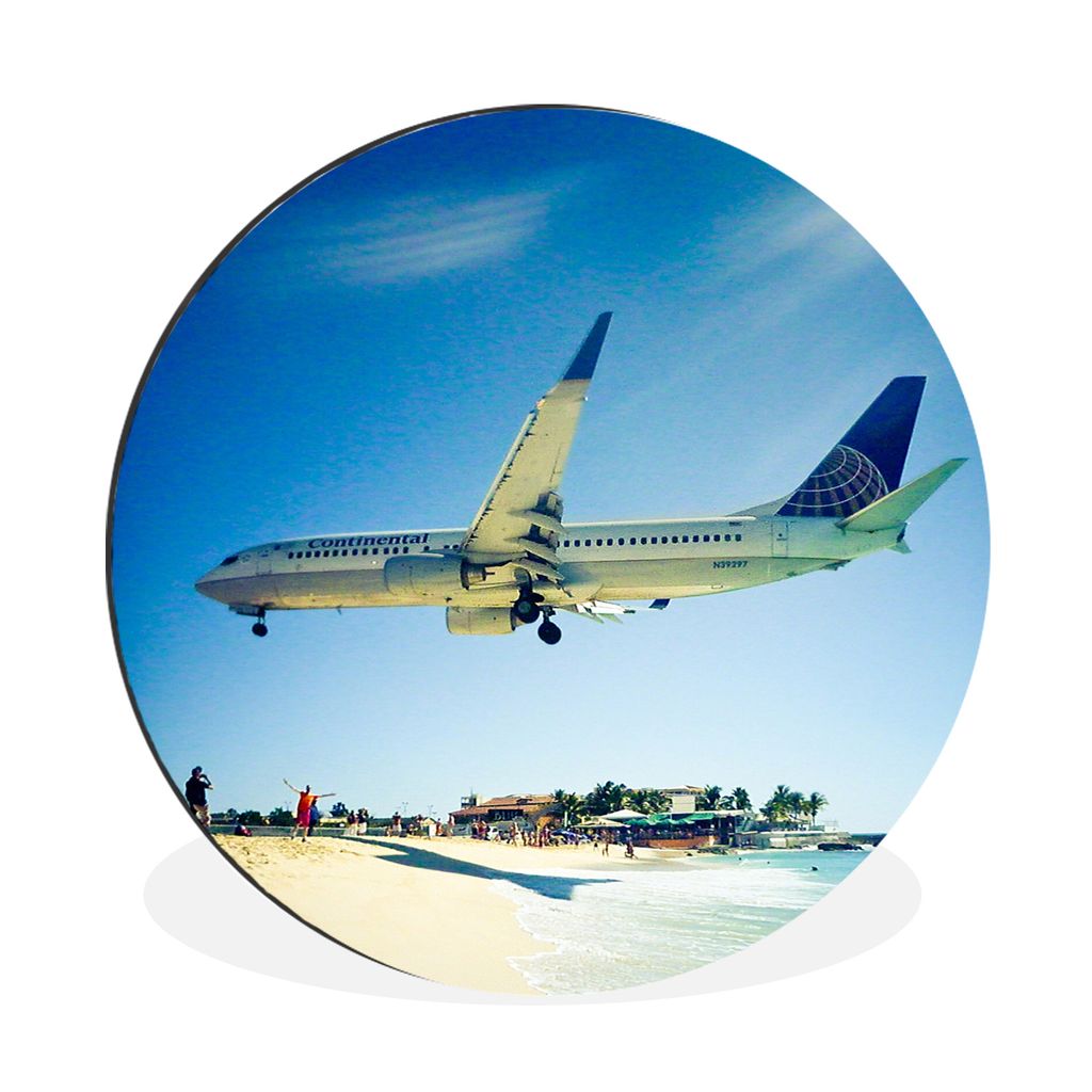 MuchoWow Aluminium Wandkreis Flugzeuge über Sint-Maarten Ø 30 cm Wanddeko Modern Wohnzimmer - Wand Bild - Wohnzimmer - Runde Bilder - Alubilder...