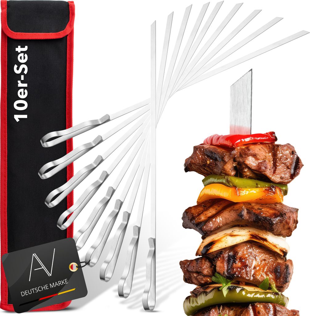 AVANA Grillspieße aus Edelstahl 10 Stück Wiederverwendbar Schaschlikspieße 43cm Grill Kebap Schampura Fleischspieße Lange Spieße für Fleisch ...