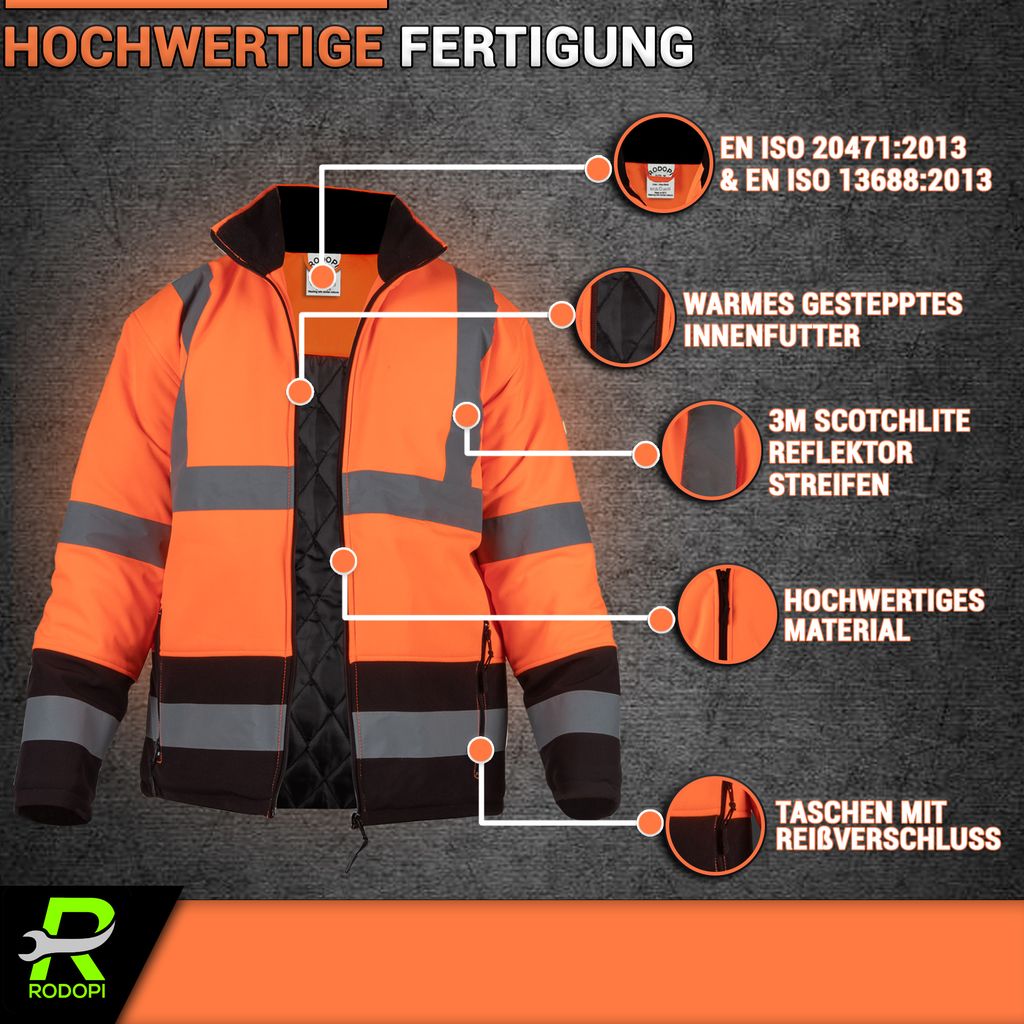 RODOPI Veste De Travail Hiver Réfléchissante — Haute Visibilité EN ISO 20471, Imperméable, Chaude, Poches Zip, Tailles S-XXXL - 10
