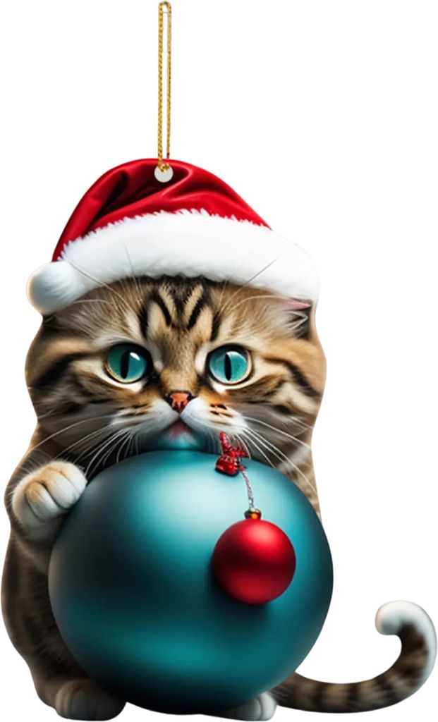 Weihnachtskatzen-Ornamente, Acrylkatzen mit Weihnachtsmannmütze-Anhänger, süßes Cartoon-Katzen-Ball-Ornament, 2D-flaches Kätzchen, Weihnachtsb...