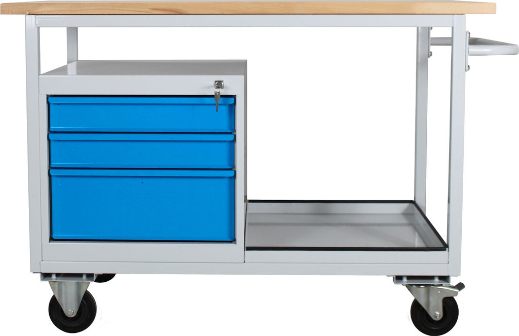 Mobile Werkbank Light Rhino mit Ablagefach + 3 Schubladen | HxBxT 85x130x60cm | 2 Lenkrollen (mit Bremse) und 2 Bockrollen | Traglast 300kg | Licht...