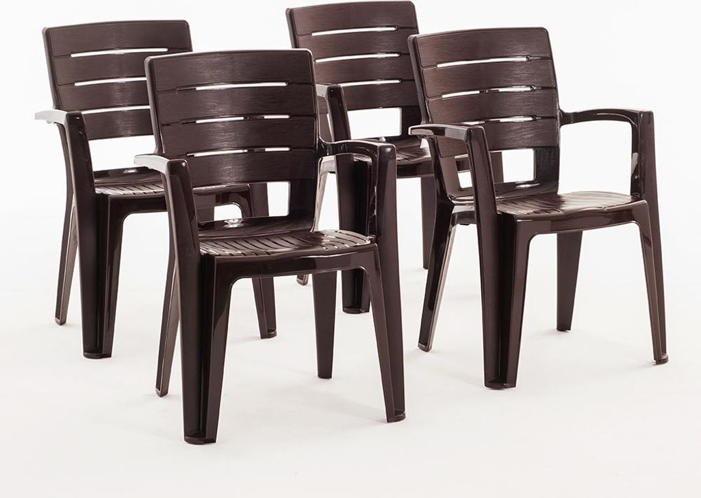 4er-Set Stühle aus Polypropylen monoblock, stapelbar mit Armlehnen, wasserbeständig, Holz-Effekt für Garten, Terrasse, Restaurant, Bar, leicht z...