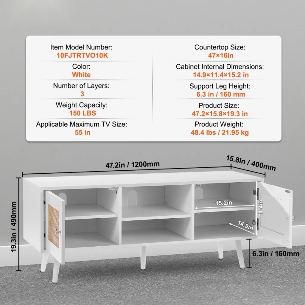 Console TV Rétro Blanche et Rotin - Buffet Bas Bohème avec Rangement 140cm