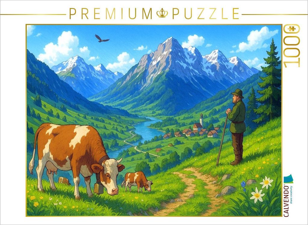CALVENDO Puzzle Hirtenblick ins Tal - Anime Alpen | 1000 Teile Lege-Größe 64x48cm Foto-Puzzle für glückliche Stunden