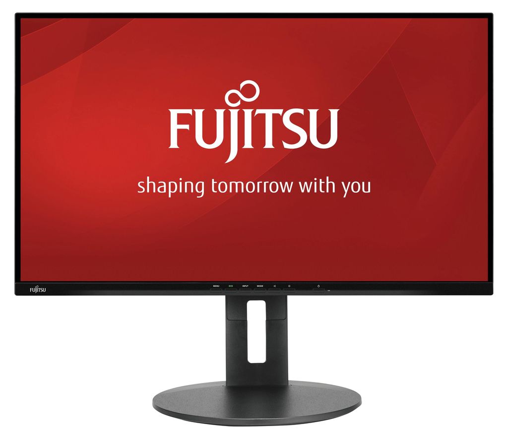 A Fujitsu monitor displaying the company logo and slogan.