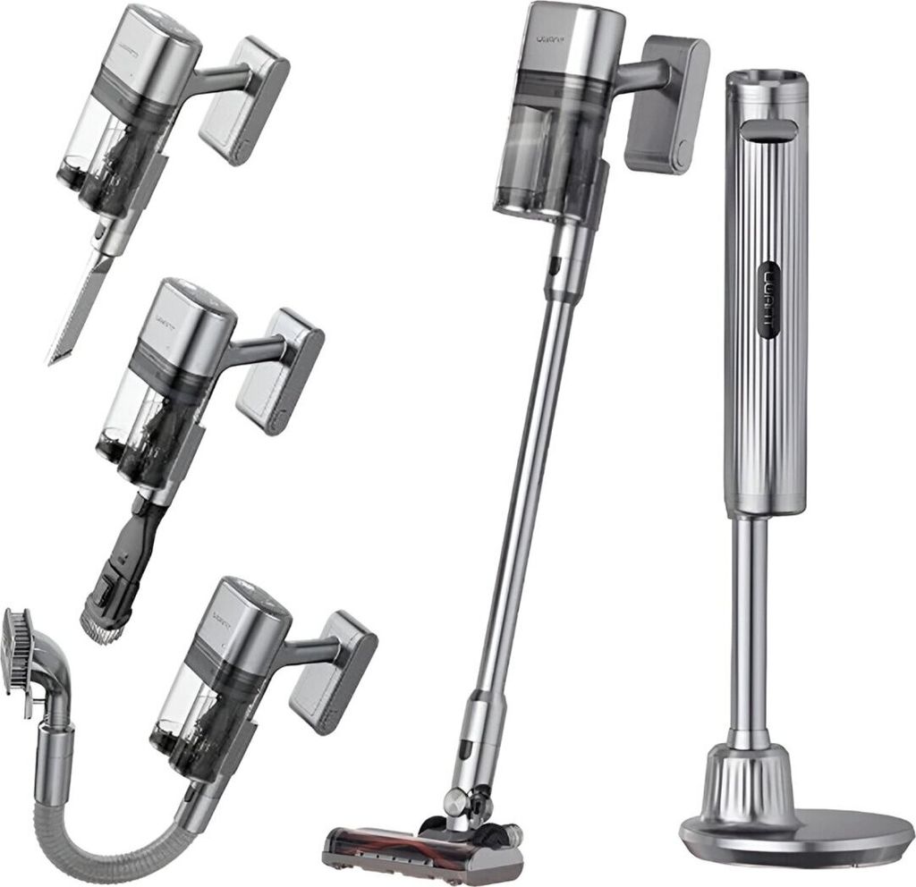 A collage of a cordless vacuum cleaner and its accessories, presented on a white background.