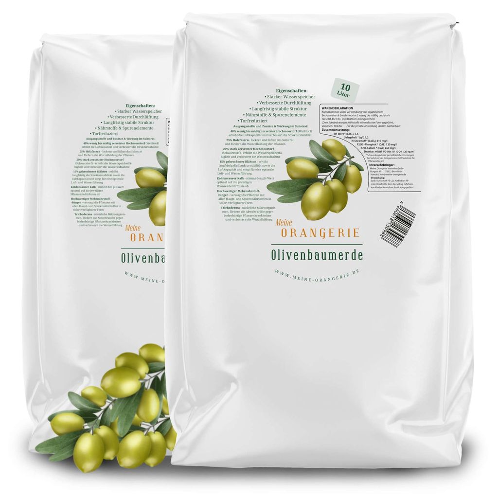 Meine Orangerie Olivenbaum Erde 20 L - Spezial Erde für Olivenbaum - mit Olivenbaumdünger - Spezialsubstrat für mediterrane Kübelpflanzen und G...