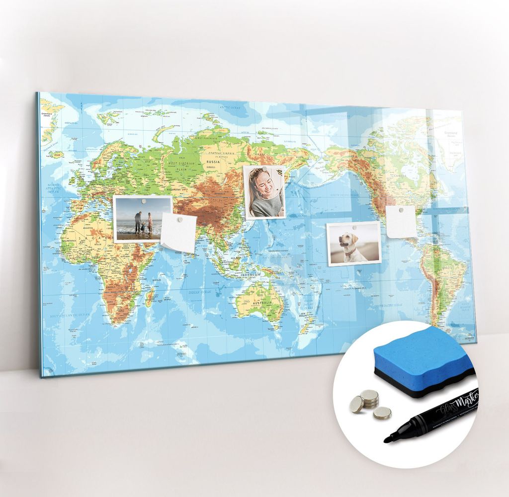 Magnetpinnwand Memoboard - Zubehörsatz - Schwarzer Marker + Schwamm + Magnete - 120 x 60 cm - Physische Weltkarte