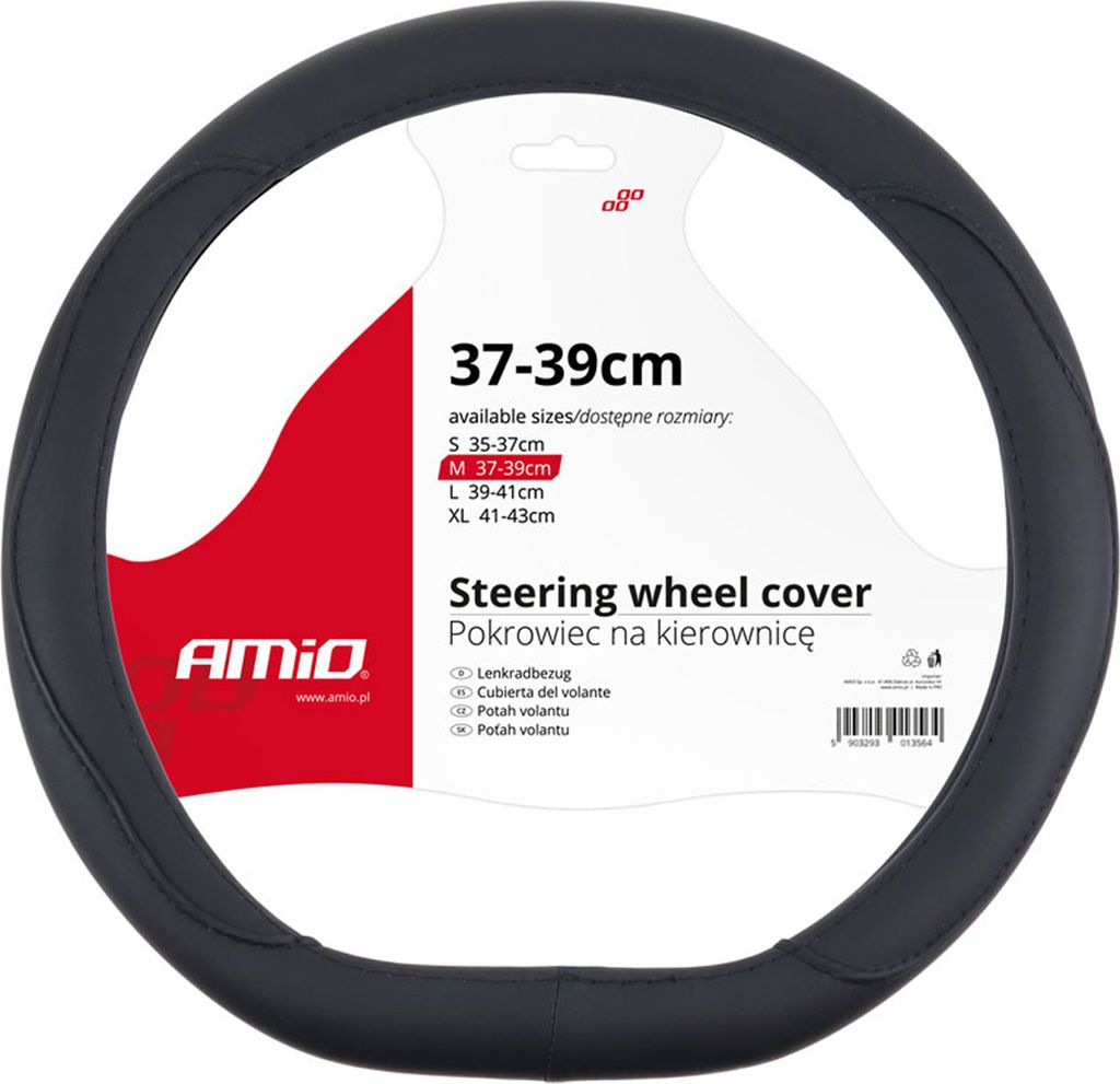 A black steering wheel cover is displayed against a white background, with product information and branding visible on a white card attached to it.