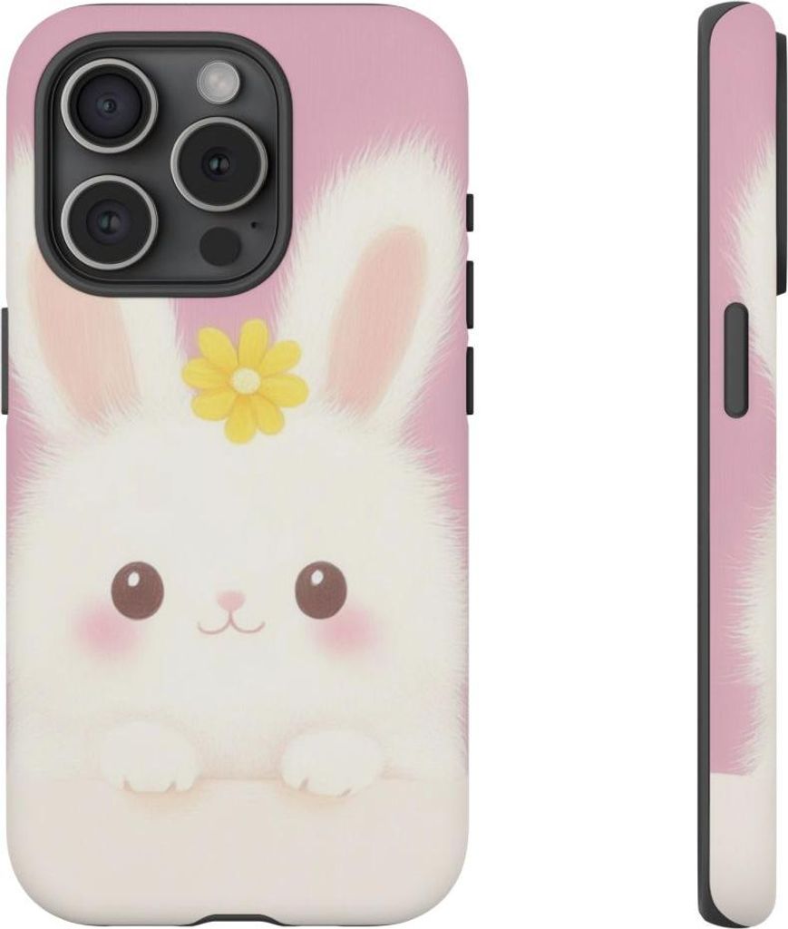 Niedliches weißes Kaninchen mit gelber Blume – Hülle Kompatibel mit iPhone 15 Pro